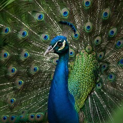 Peacock Displaying Vibrant Tail Feathers Close Up