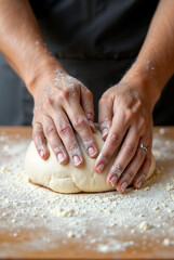 The image shows a person's hands kneading a ball of dough on a floured surface, with flour sprinkled around