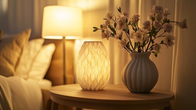 A high-definition, close-up shot of a bedside table in a cozy bedroom. The table features a stylish lamp, a vase with fresh flowers, and subtle decorative details. The soft lighting from the lamp cast