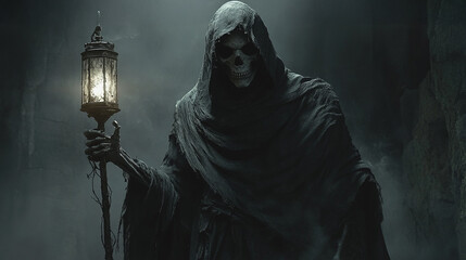 scary looking zombie ancient Angel of Death as the Hermit, wearing hooded figure cloaked tattered robe, holding a lantern, with eerie glowing eyes, haunting atmosphere halloween