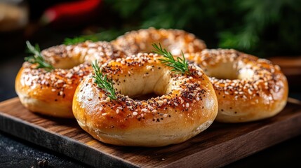 Freshly baked bagels with seeds and herbs on top