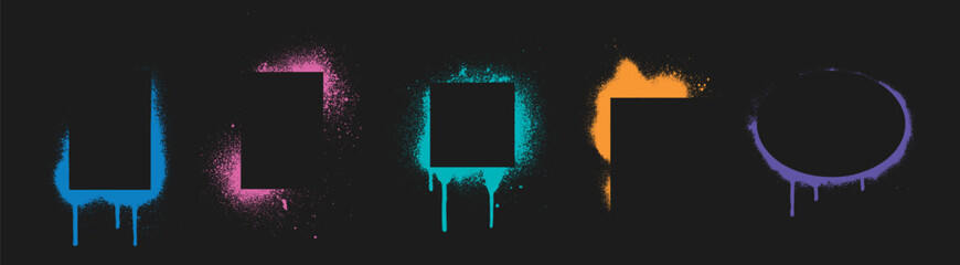 Neon color spray stencils set isolated on black background. Vector realistic illustration of rectangular, square, round paint splatter borders, airbrush silhouette, grungy street art frames with drips © klyaksun
