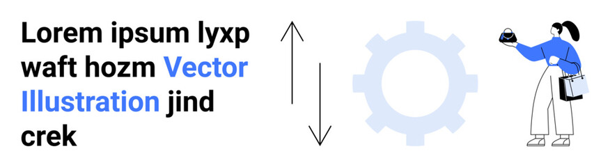 Woman holding a small item with a gear icon and vertical arrows representing process, automation, development. Ideal for teamwork, effectiveness, innovation, productivity, strategy, creativity flat