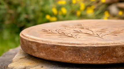 Close-up of a beautifully carved stone plate resting on a rock, surrounded by vibrant flower in a garden
