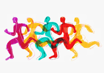 
Running race, marathon, jogging, line art stylized. 
Stylized illustration of five running racers. Continuous line drawing design with colorful silhouettes.
