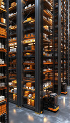 modern warehouse with towering shelves filled with products, showcasing organized storage and efficient logistics. scene conveys sense of productivity and order