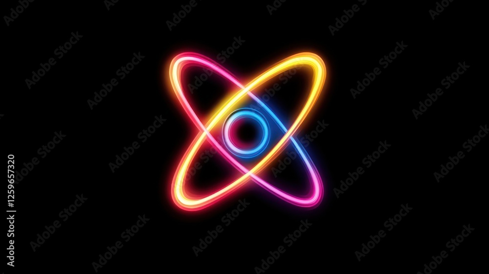 Wall mural Neon Atom: A vibrant, colorful illustration of an atom, glowing with neon light against a black background.  It's a symbolic representation of science, energy, and innovation.