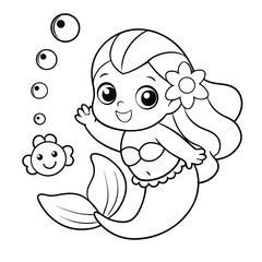 a cute baby mermaid playing with a fish underwater, a Mermaid playing with a fish