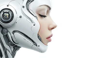 Woman with robotic head, a fusion of humanity and artificial intelligence in futuristic portrait