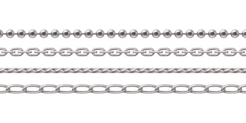 Silver or white gold chain jewel collection - metallic beaded necklace, braided pattern, interlocking oval links, twisted rope design. Realistic elegant accessories set for jewelry catalog design.