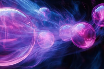 Obraz premium Soft pink and purple glowing orbs with blurred light trails, dreamy and ethereal floating lights on a dark fantasy background.