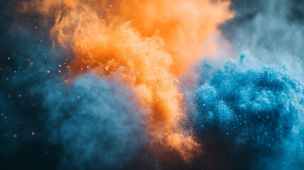 Vibrant blue and orange powder swirls dramatically against a dark background creating a fiery abstract design. AI Generated