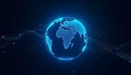 Naklejka premium Global network, digital Earth, blue holographic globe, glowing connections, futuristic technology