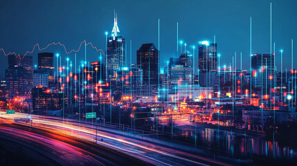 Fototapeta premium Night Cityscape Modern Buildings Digital Data Streams Urban Technology glow image lights design 