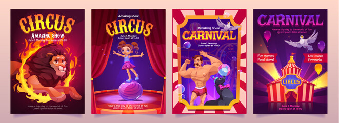 Circus cartoon character posters - promotional designs with fire-jumping lion, balancing acrobat, strongman with seal, and carnival tent with balloons and colorful curtains. Entertainment banners