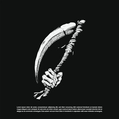 Hand drawn skeletal hand gripping a scythe. large curved blade that appears weathered and slightly chipped vector