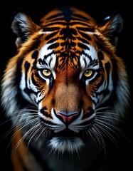Fototapeta premium Powerful Tiger Closeup Portrait Dark Background Wildlife Photography