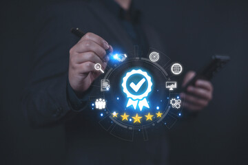 Checklist business performance monitoring concept, Businessman holding pen and pointing at icon displayed in front of him. Approved and quality assurance, checklist quality 