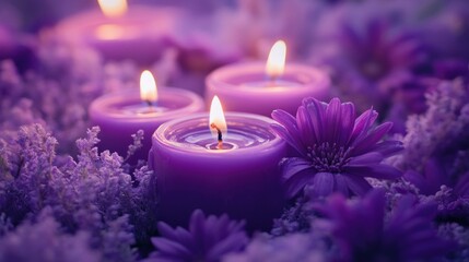 Purple flowers and candles create a dreamy atmosphere with a purple color theme. 