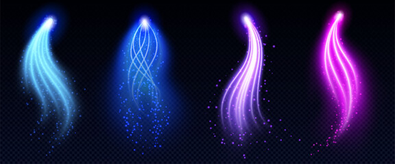 Magic glowing light arrows set with sparkling particles - neon luminous curved lines in blue, purple, pink colors on dark background. Bright mystical beam effects for fantasy game interface design. © klyaksun