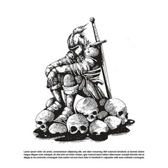 Dark art of medieval knight wearing full plate armor, sitting on a pile of human skulls. and a long sword is planted into the ground beside him.