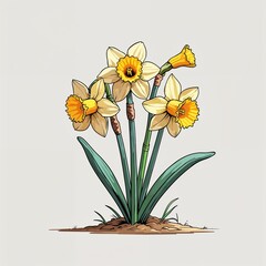 Daffodil plant cartoon illustration on plain white background