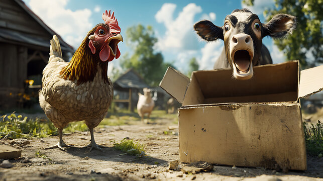 Playful Chicken and Cow by Cardboard Box in a Sunny Farm Scene