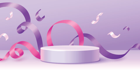 Cylindrical podium with swirling pink and purple ribbons on pastel background. Elegant platform showcase with dynamic curling streamers for product presentation. 3d composition with floating confetti.