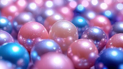 A vibrant array of shimmering pastel-colored spheres scattered across a soft, blurred background