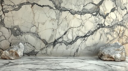 Elegant marble wall with intricate gray veining and natural stone accents in a serene setting