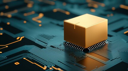 Golden cube on intricate circuitry, symbol of technological advancement and financial growth