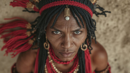 Portrait of a Woman Wearing Traditional Red Cultural Headwear with Decorative Ornaments