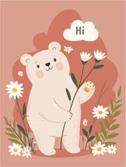 Cute Bear Waving Hi Surrounded by Flowers  Pastel Animal Greeting Vector
