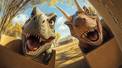 Playful Dinosaurs Emerging from Cardboard Boxes
