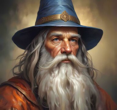 Illustration of wizad portrait with pointy hat.