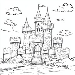 Fototapeta premium Simple Coloring Page Majestic Castle with Brave Knights