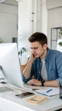 Frustrated young businessman looking at laptop in office, vertical footage