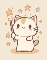 Magical Kawaii Cat with Wand and Stars Cute Vector Illustration
