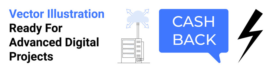 Cashback speech bubble, server rack, and lightning bolt. Ideal for e-commerce, fintech, data systems, savings, tech upgrades promotions energy efficiency themes. Sleek flat landing page banner