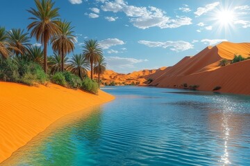 Naklejka premium Oasis in the Desert with Sand Dunes and Blue Water Surrounded by Palm Trees Under the Sun. A Serene Retreat.