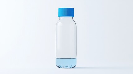 Clear glass vial, blue cap, light blue liquid, white background, lab sample