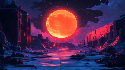 Obraz premium Futuristic Cityscape Under a Giant Sun, Neon Glow and Mystical Atmosphere