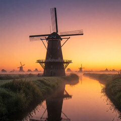 dutch windmill at sunset