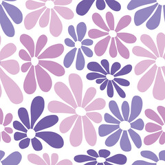 Fototapeta premium Floral Print with Big Purple Flowers. Seamless Pattern with Chamomile Flowers on White Background. Summer Flowers. Sample can be used for Fabric, Cover, Mugs, Wrapping Paper. Vector Illustration