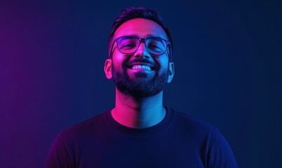 Naklejka premium cinematic shot of an Indian man with short hair, a beard, and glasses standing in front of the camera, smiling. He is wearing a black t-shirt. The background color is dark blue. 