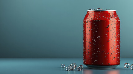 cold, refreshing red beverage can with condensation and bubbles on blue background