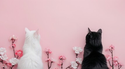Two adorable cats, one white and one black, sit back-to-back against a soft pink background adorned with delicate pink flowers. A delightful scene of feline companionship and springtime charm.