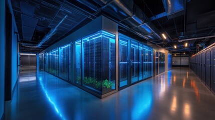 Modern Data Center Illuminated with Blue Light for Server Infrastructure