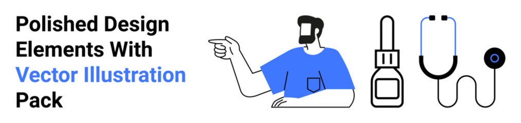 Man in casual attire gesturing with medical tools, including stethoscope, dropper bottle, and otoscope beside him. Ideal for medical education, healthcare services, wellness, professional kits