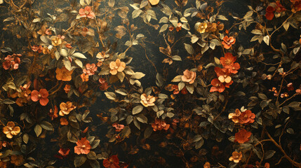 A detailed floral pattern featuring various flowers and leaves in rich colors.